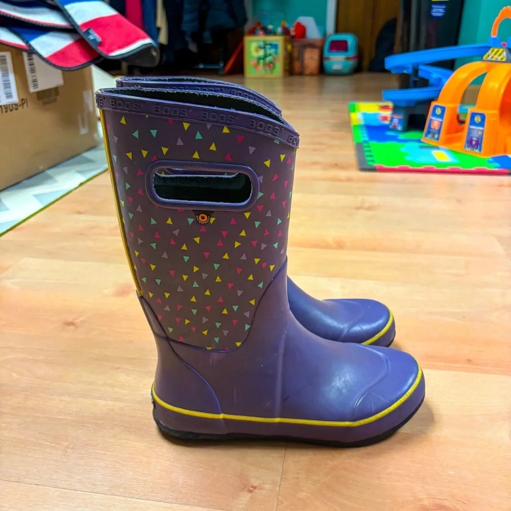 Bogs Purple & Yellow Classic Geo Triangle Print Rubber Rain Boots Kids Size 5